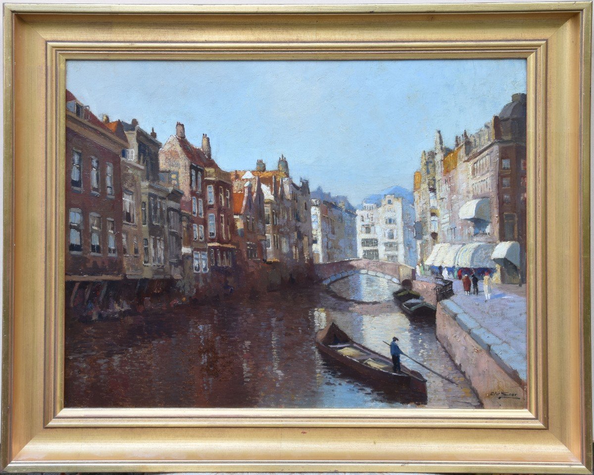 Chris Soer "canal In "rotterdam"" Oil On Canvas 41x51